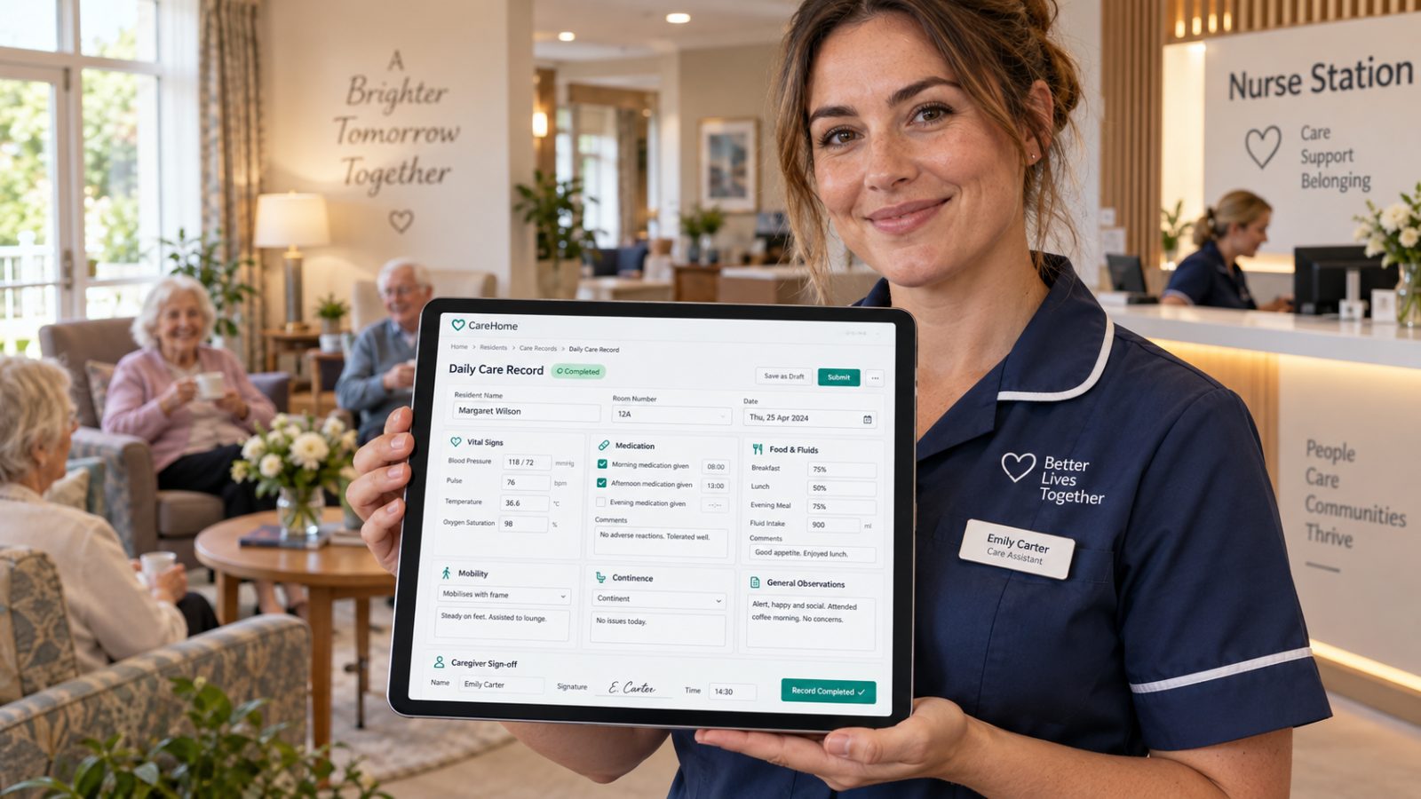 A care assistant holding a tablet showing a completed daily care record: vital signs, medication, food and fluids, mobility, continence and sign-off